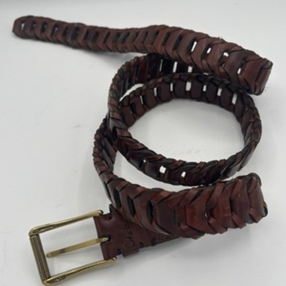 Cole Haan Woven Leather Belt Men Sz 44 Brown Braided Brass Buckle Casual - Picture 8 of 9